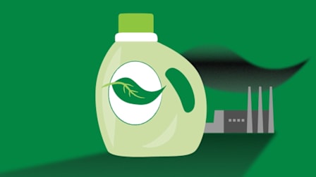 An illustration of a detergent bottle with a green leaf is shown in front of a factory with a pollution cloud thats in the same shape as the leaf.